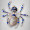 Handcrafted blue spider ornament made with glass beads, pearl like white accents, and a decorative silver bead body.